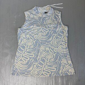 MOVETES Women’s Sleeveless Mock Golf Top Blue White Abstract Print Size L